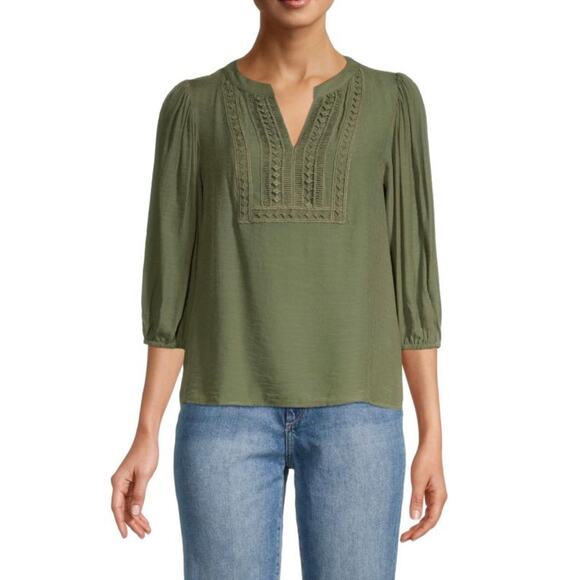 Nanette Lepore Tops - Nanette Lepore Crochet Detail Split Neck Top Size Small NWT Martini Olive Green